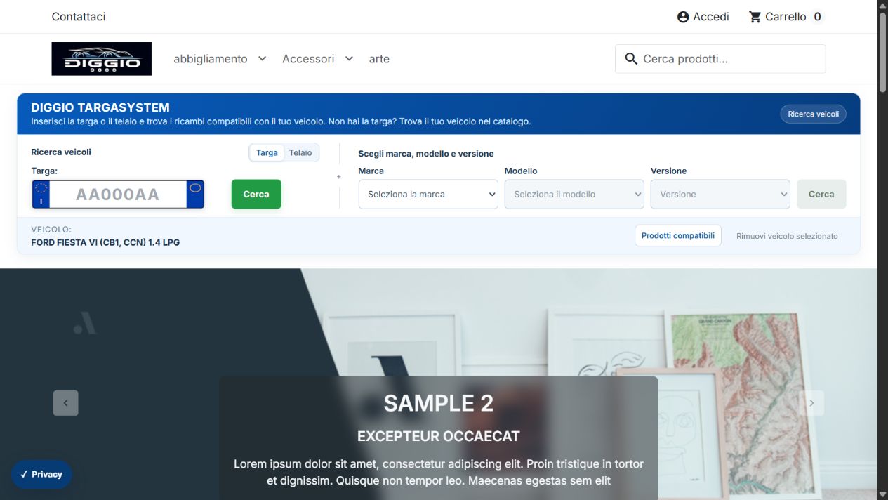 Schermata reale: barra di ricerca Diggio TargaSystem nella demo PrestaShop