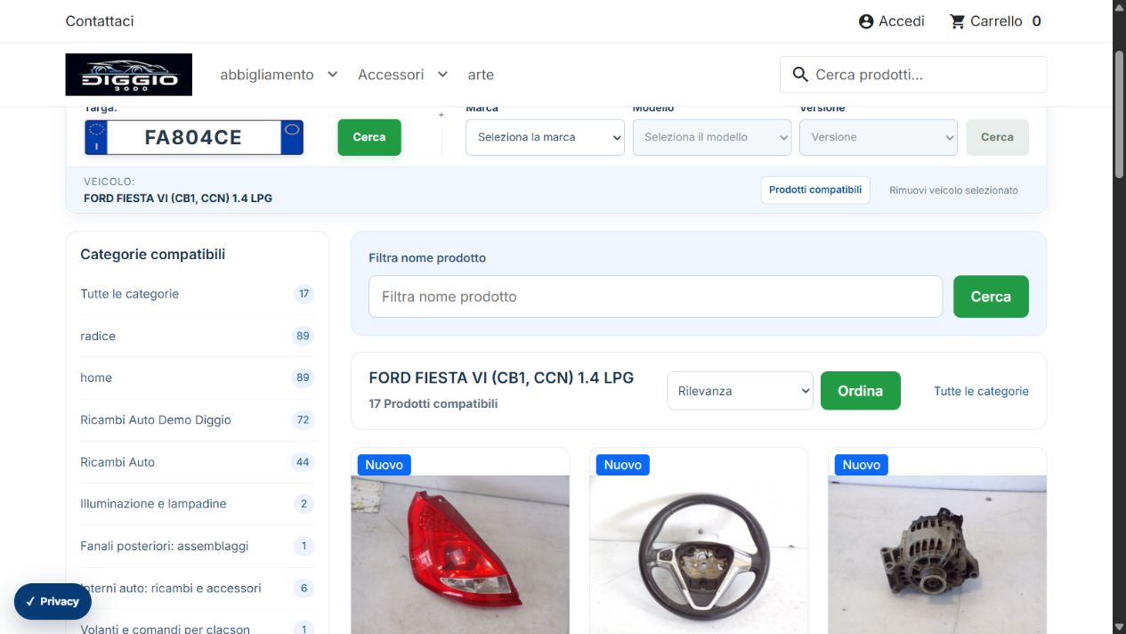 Schermata reale Diggio TargaSystem: risultati del catalogo
